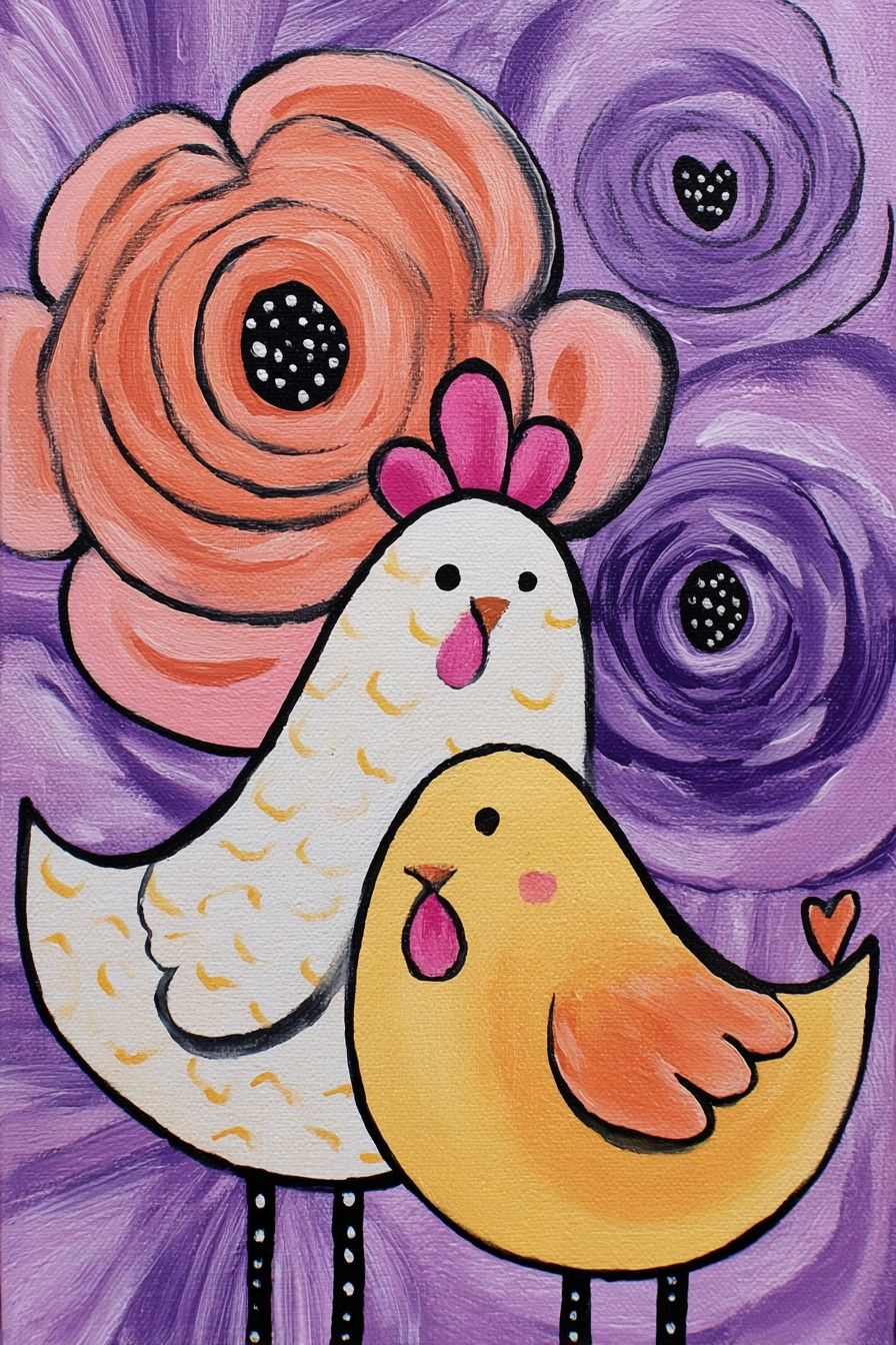 Whimsical Chickens Floral Illustration Poster. poster detail