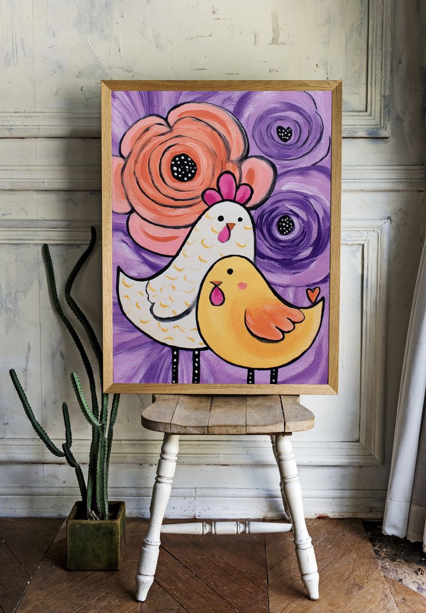 Whimsical Chickens Floral Illustration Poster. — room view 1
