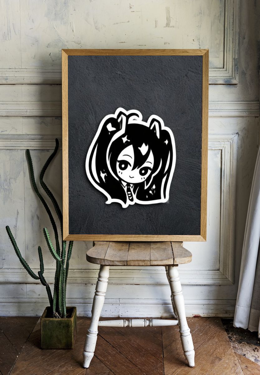 Chibi Anime Girl Black-White Poster. room preview