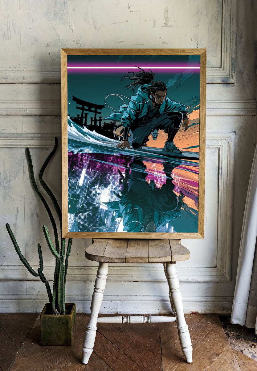 Samurai Surfer Digital Art Poster. room preview