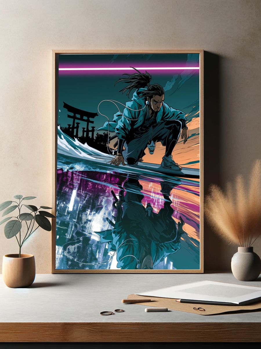 Samurai Surfer Digital Art Poster. — room view 2