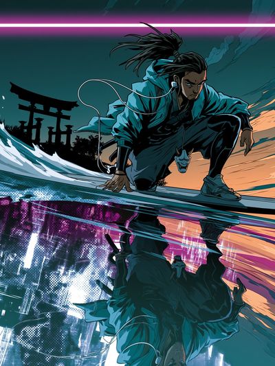 Samurai Surfer Digital Art Poster.