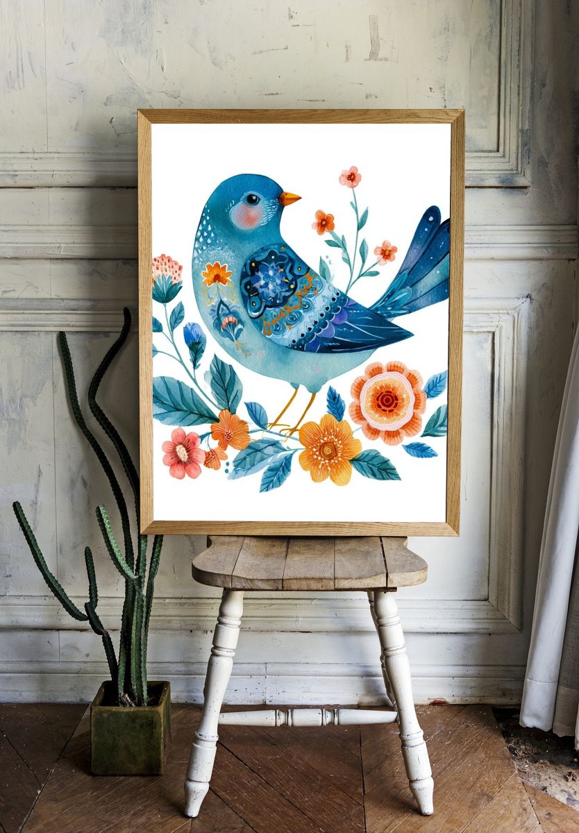 Blue Bird Floral Watercolor Poster. — room view 1