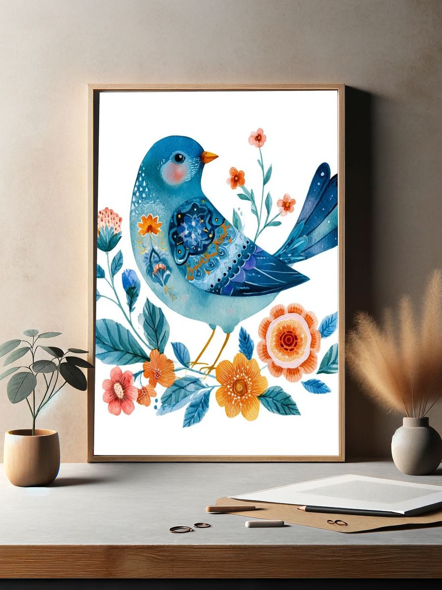 Blue Bird Floral Watercolor Poster. — room view 2