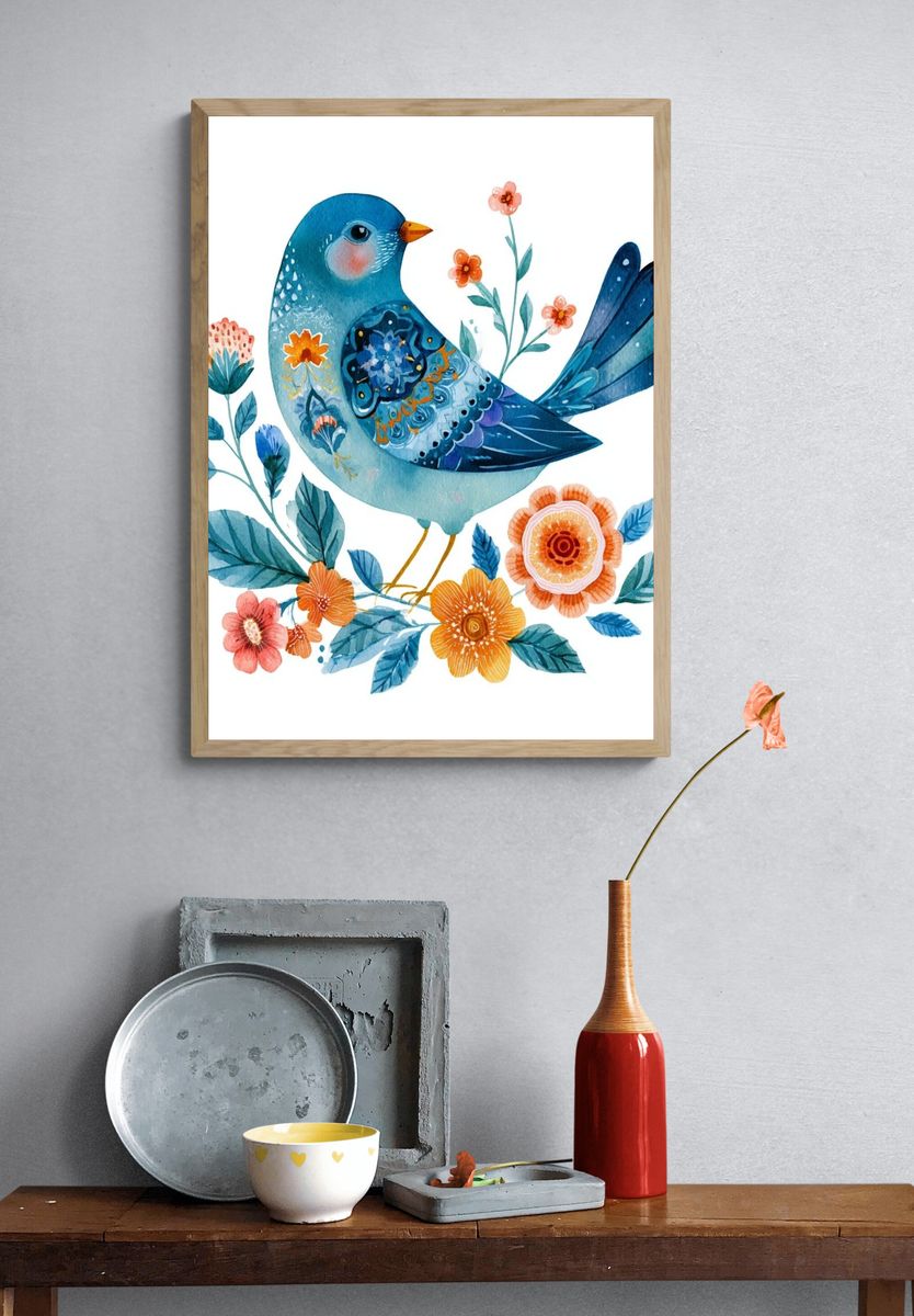 Blue Bird Floral Watercolor Poster. — room view 3
