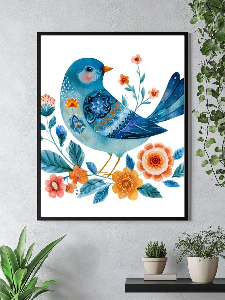 Blue Bird Floral Watercolor Poster. — room view 4