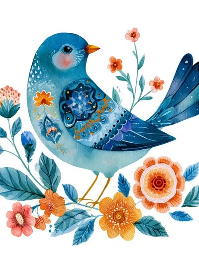 Blue Bird Floral Watercolor Poster. poster