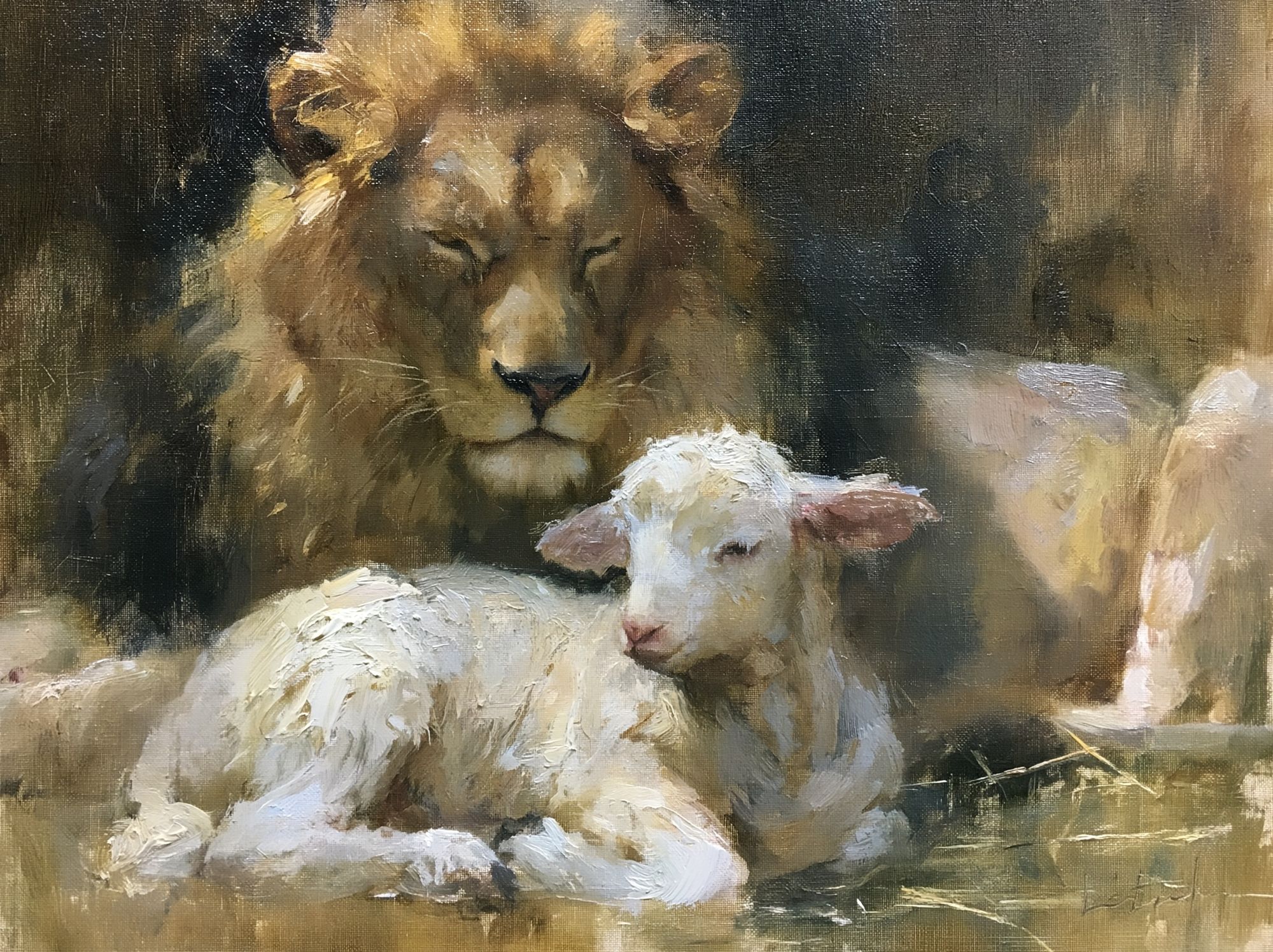 Lion and Lamb Oil Painting Poster. poster detail