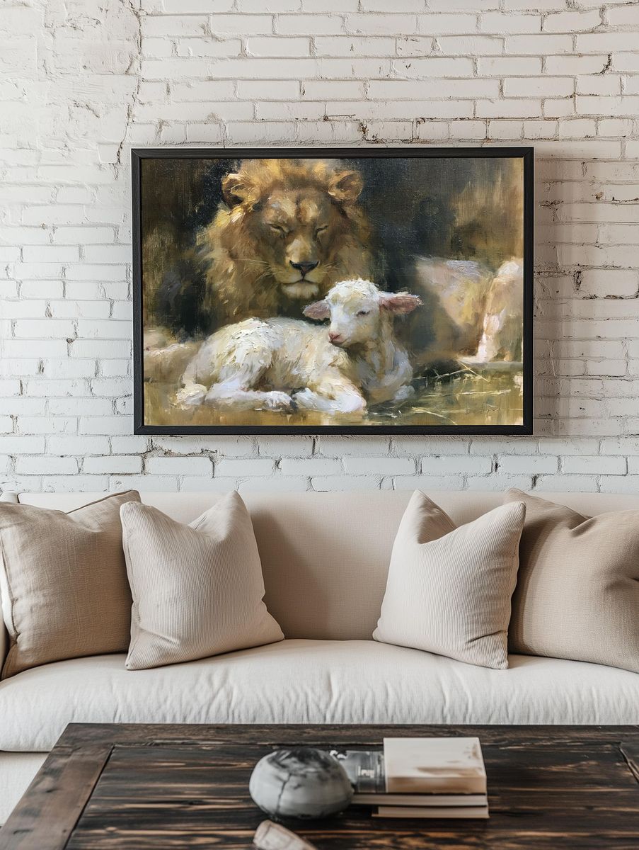 Lion and Lamb Oil Painting Poster. — room view 1
