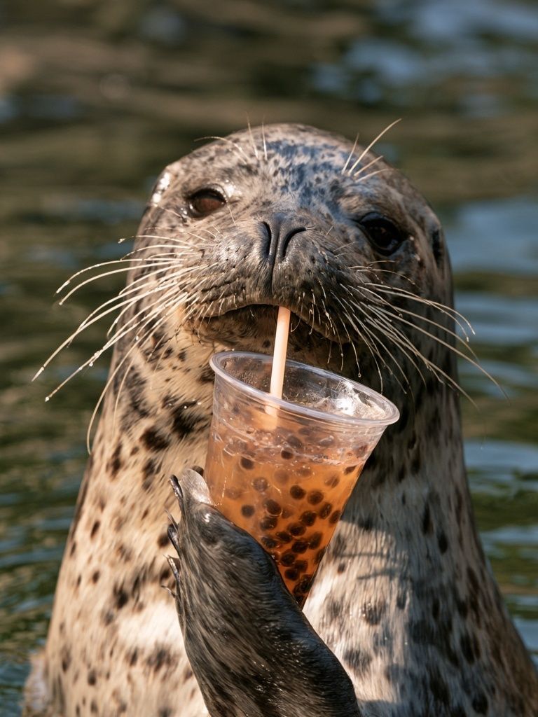 Playful Seal with Bubble Tea Poster. poster — animals art