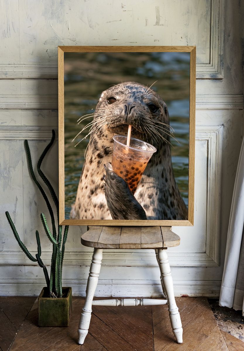 Playful Seal with Bubble Tea Poster. — room view 1