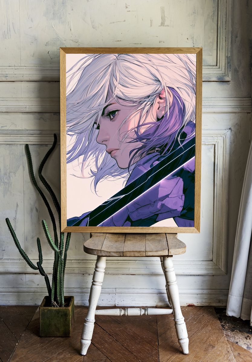 White-Haired Anime Warrior Poster. room preview