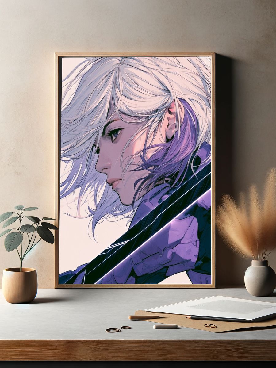White-Haired Anime Warrior Poster. — room view 2