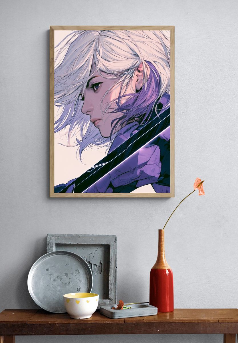 White-Haired Anime Warrior Poster. — room view 3