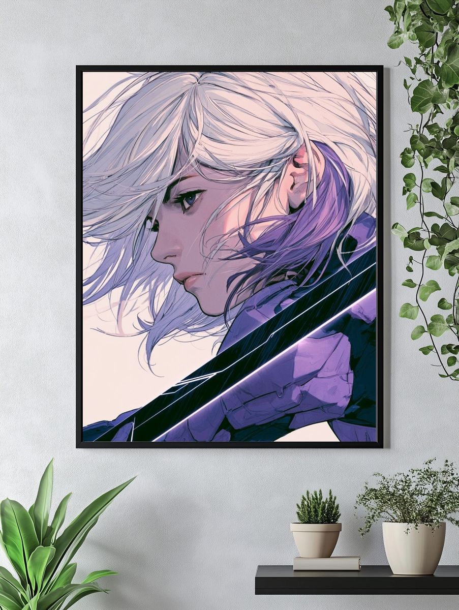 White-Haired Anime Warrior Poster. — room view 4
