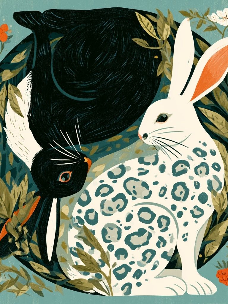 Rabbit and Bird Botanical Print. poster detail