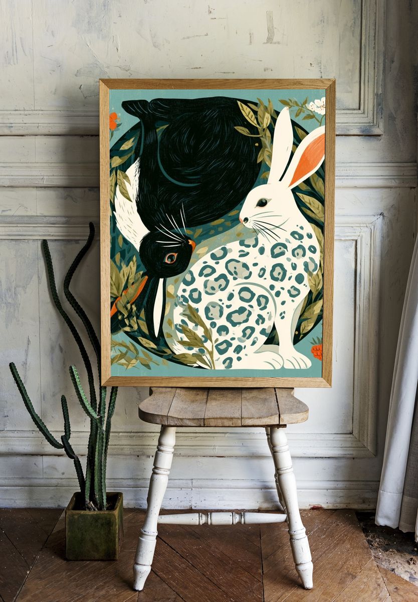 Rabbit and Bird Botanical Print. — room view 1