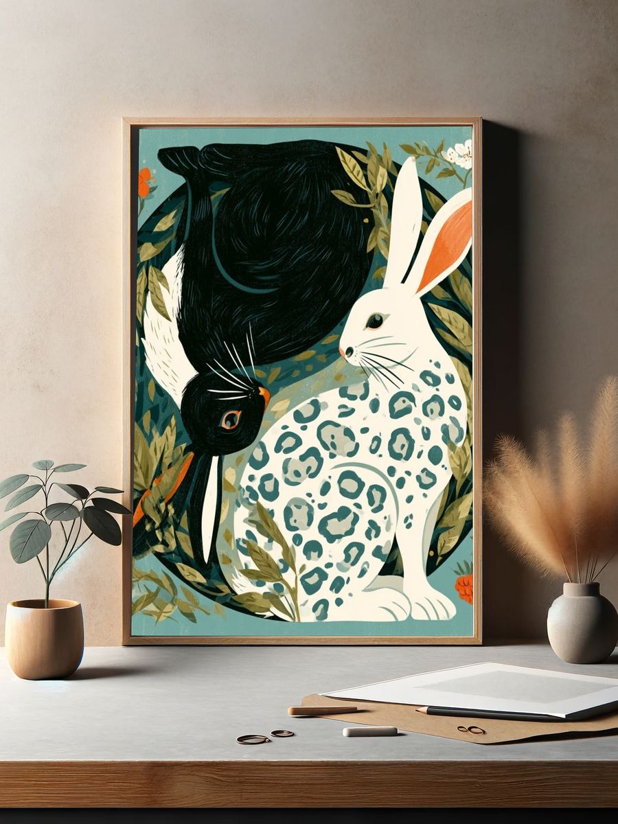 Rabbit and Bird Botanical Print. — room view 2