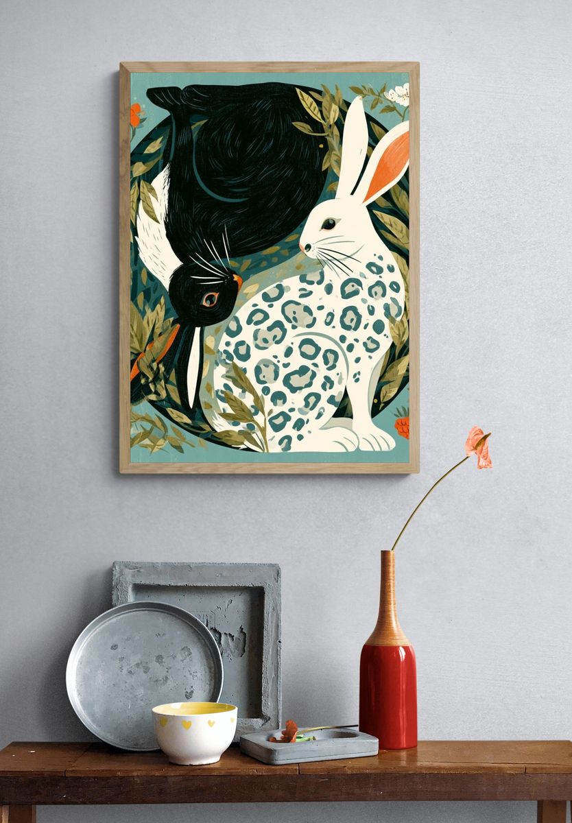 Rabbit and Bird Botanical Print. — room view 3
