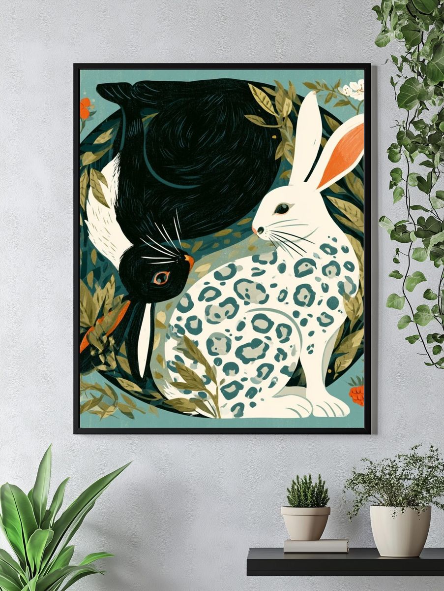 Rabbit and Bird Botanical Print. — room view 4