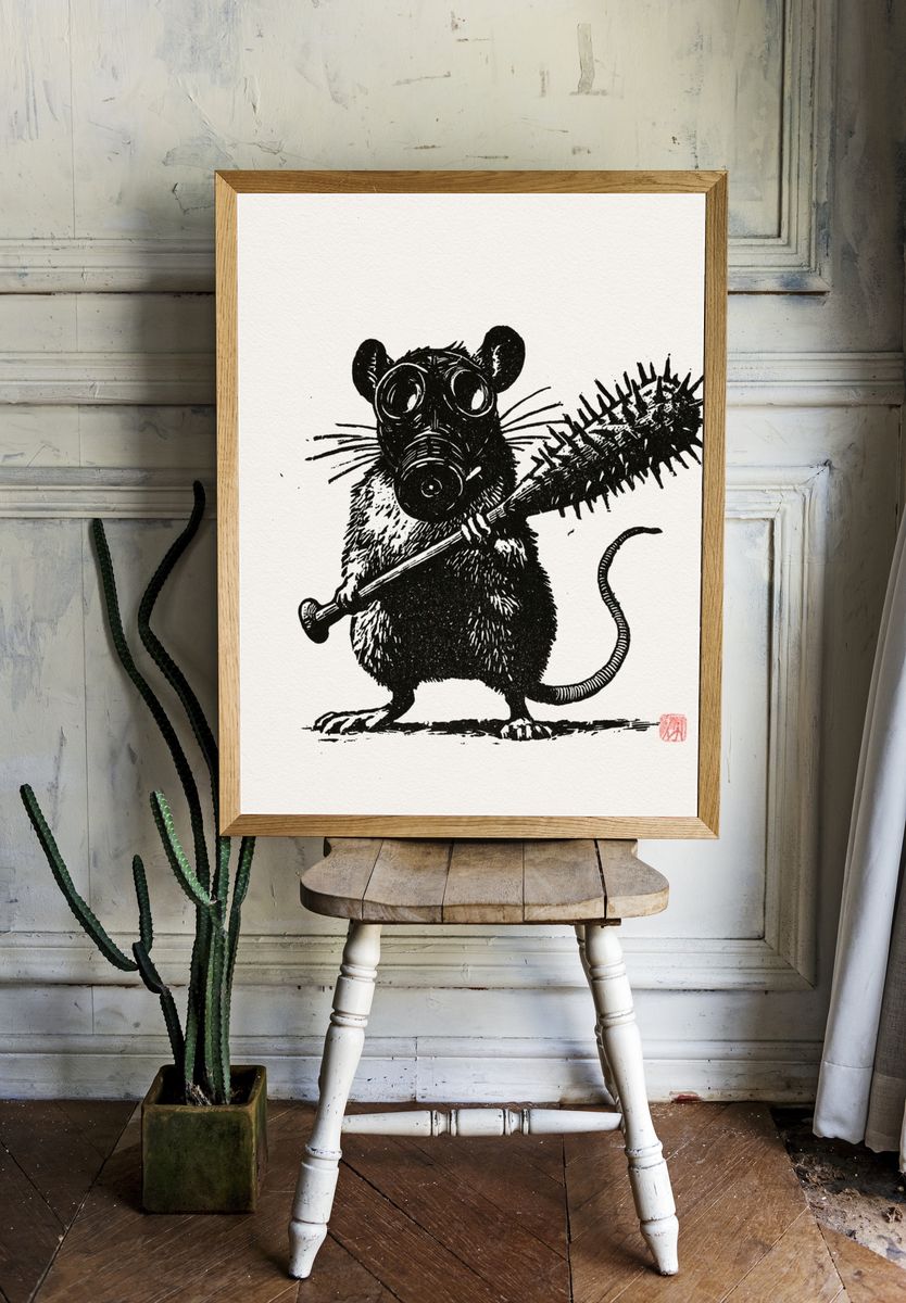Gas Mask Rat Ink Print. — room view 1
