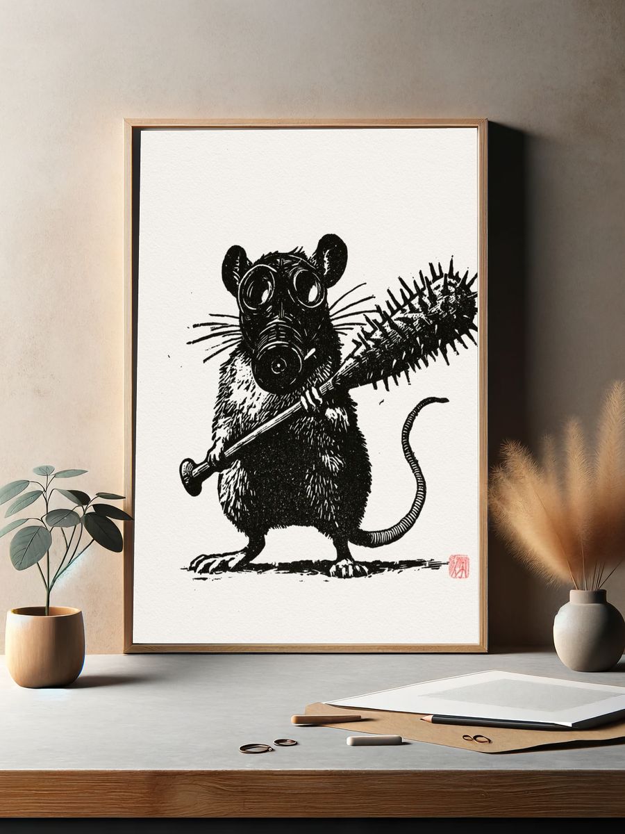 Gas Mask Rat Ink Print. — room view 2