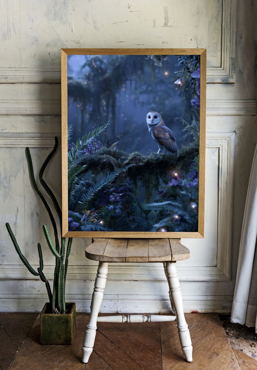 Moonlit Owl Forest Print. — room view 1
