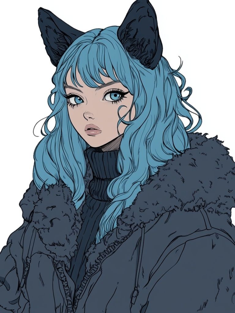 Blue-Haired Catgirl Illustration Poster. poster detail