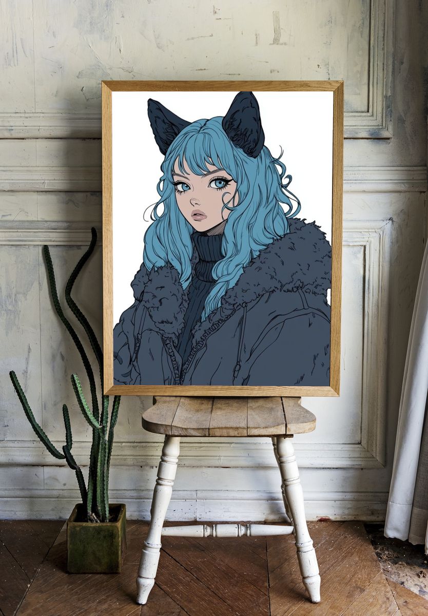 Blue-Haired Catgirl Illustration Poster. room preview