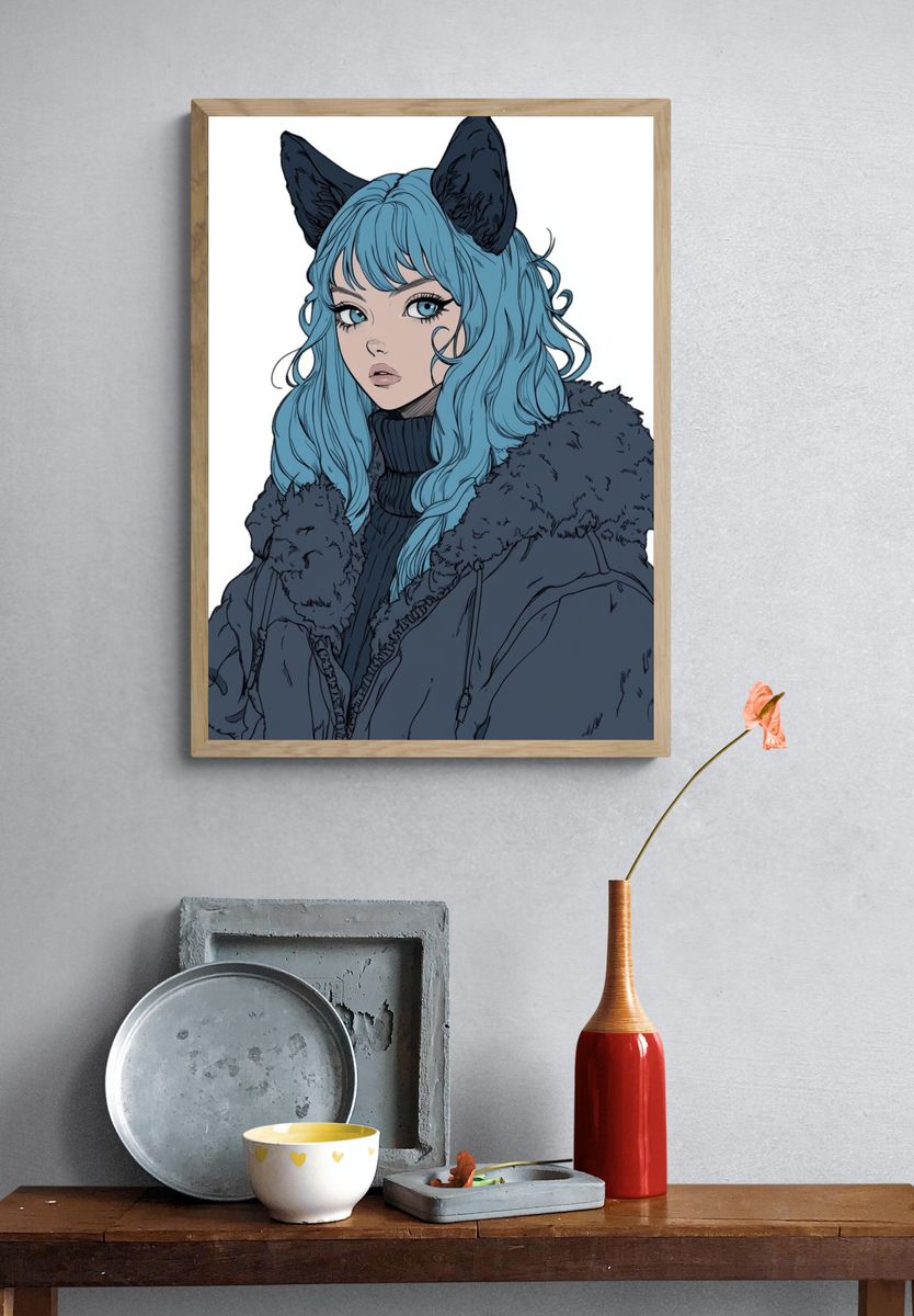 Blue-Haired Catgirl Illustration Poster. — room view 3