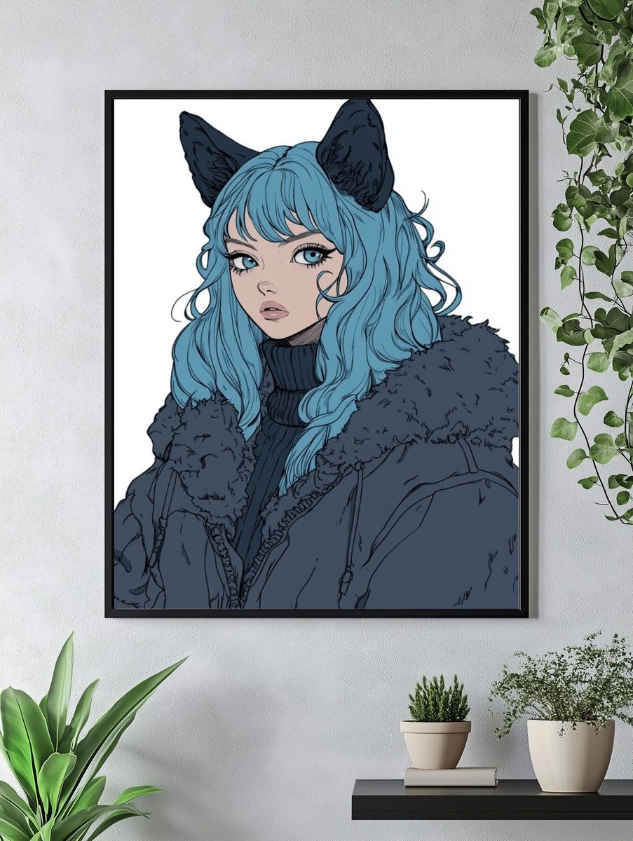 Blue-Haired Catgirl Illustration Poster. — room view 4