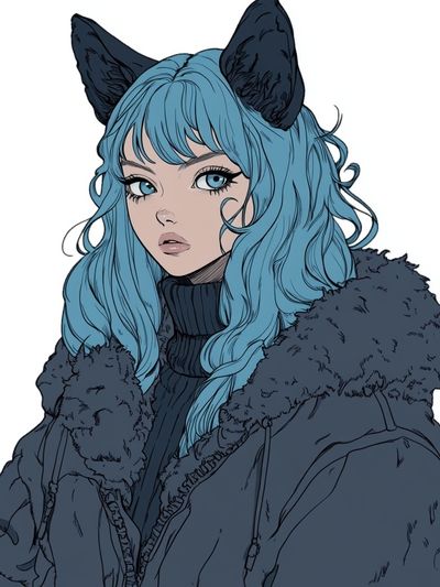 Blue-Haired Catgirl Illustration Poster. poster