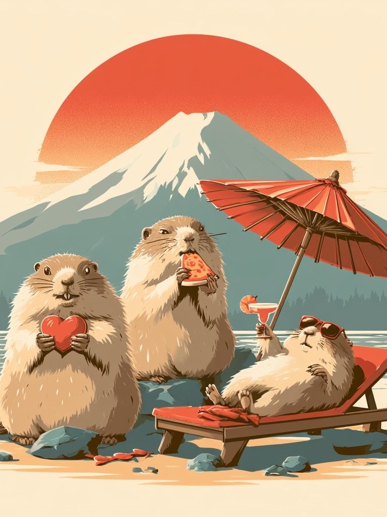 Playful Marmots at Mount Fuji Poster. poster detail