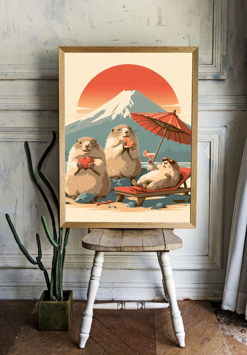Playful Marmots at Mount Fuji Poster. — room view 1