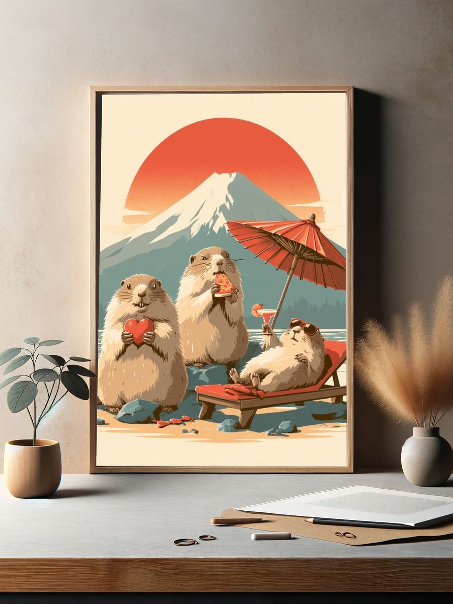 Playful Marmots at Mount Fuji Poster. — room view 2
