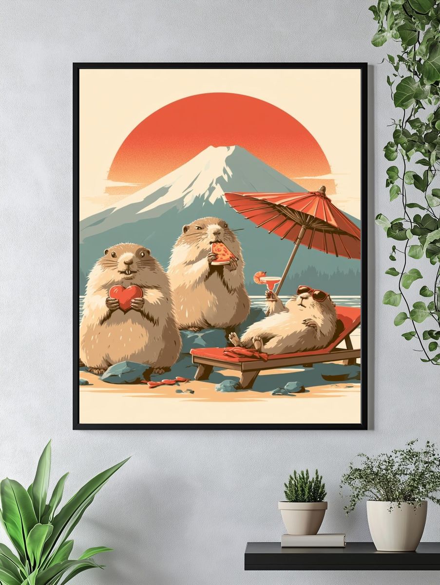 Playful Marmots at Mount Fuji Poster. — room view 4