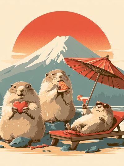 Playful Marmots at Mount Fuji Poster. poster