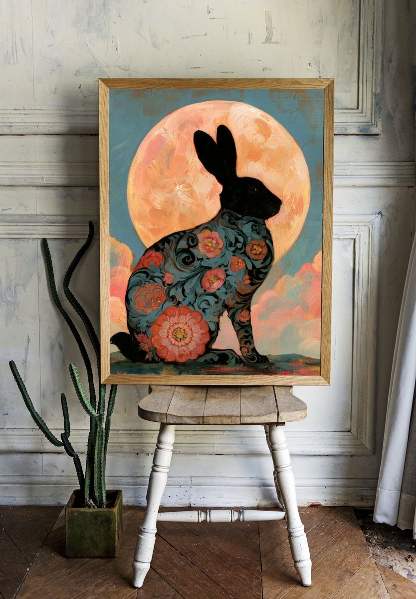 Floral Rabbit Moon Poster. — room view 1