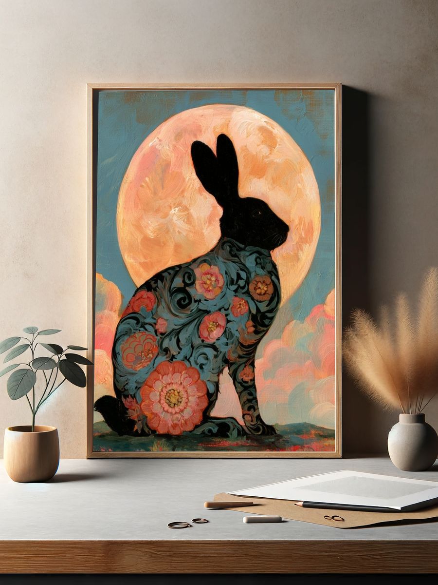 Floral Rabbit Moon Poster. — room view 2