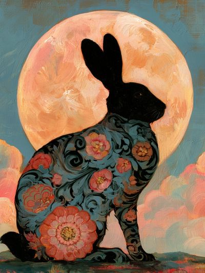 Floral Rabbit Moon Poster. poster