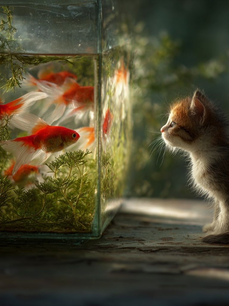 Kitten and Goldfish Surreal Print. poster — animals art