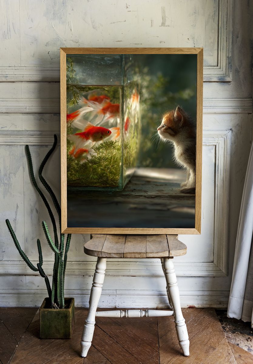 Kitten and Goldfish Surreal Print. — room view 1