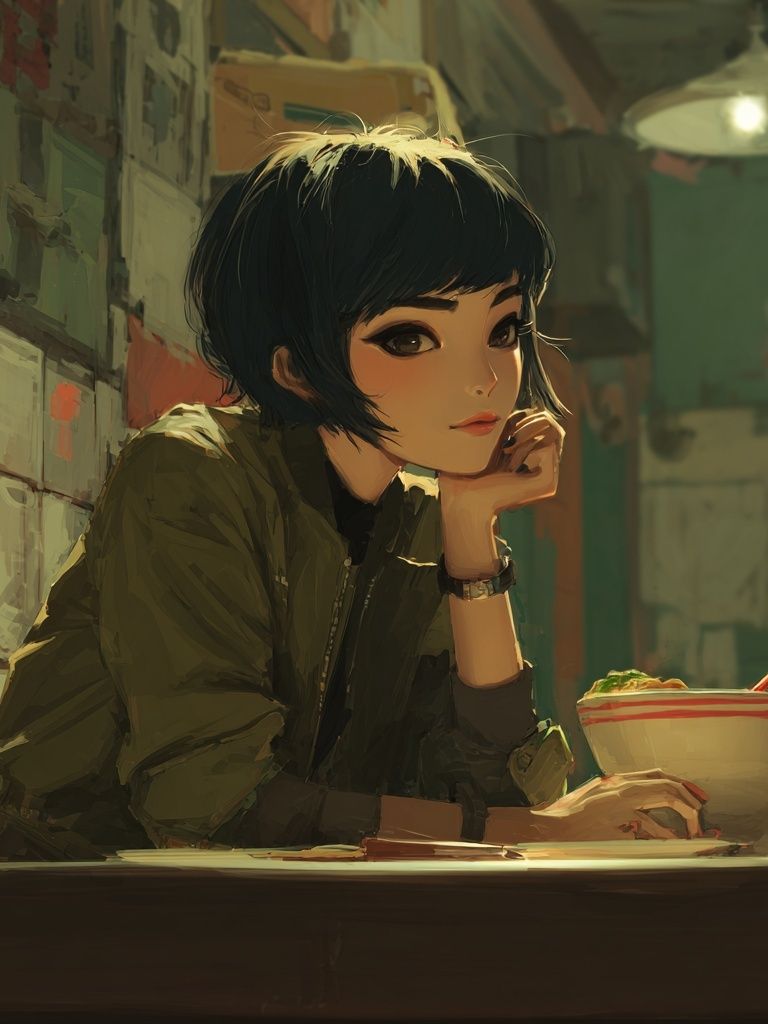Anime Girl at Noodle Bar Print. poster detail