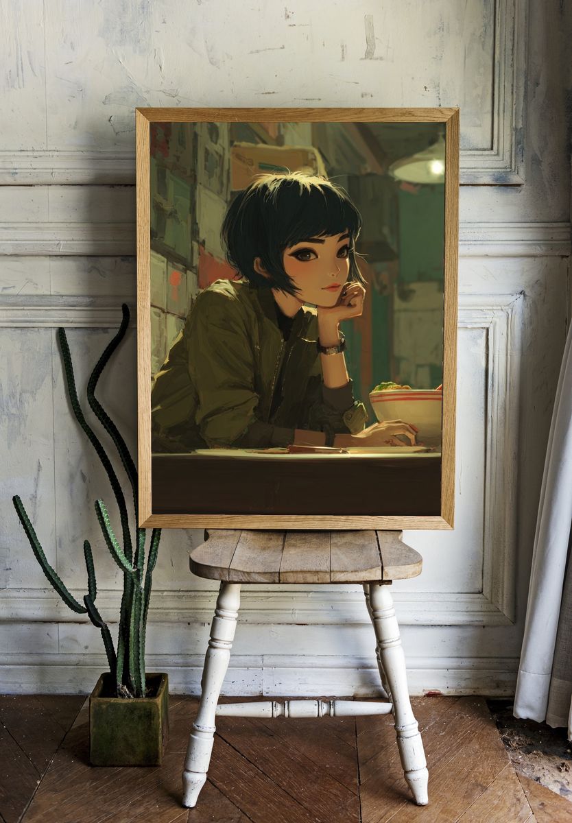Anime Girl at Noodle Bar Print. — room view 1