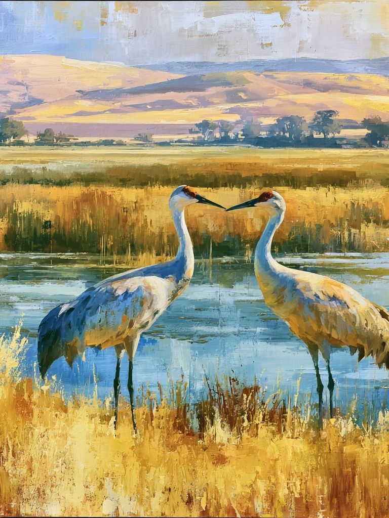Crane Pair Wetland Landscape Poster. poster detail