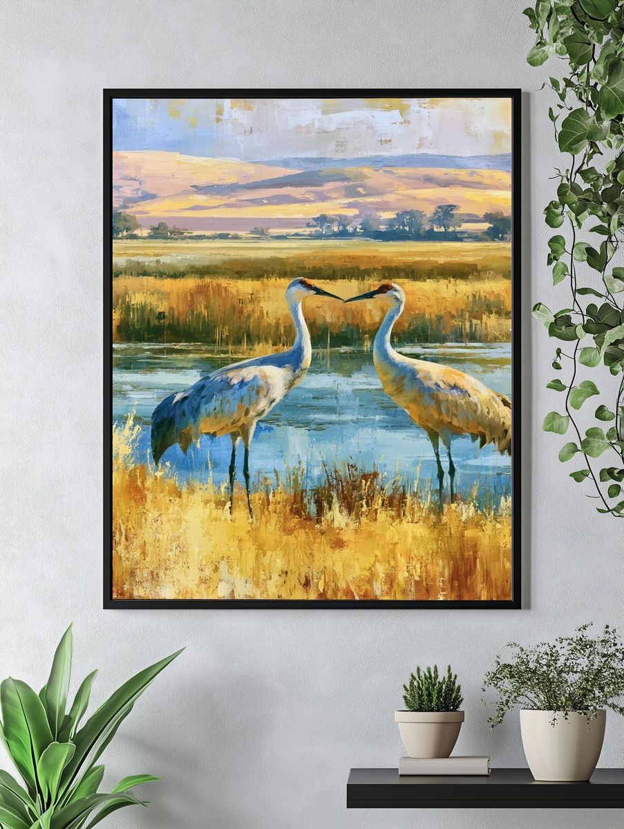 Crane Pair Wetland Landscape Poster. — room view 4