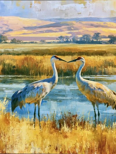 Crane Pair Wetland Landscape Poster. poster