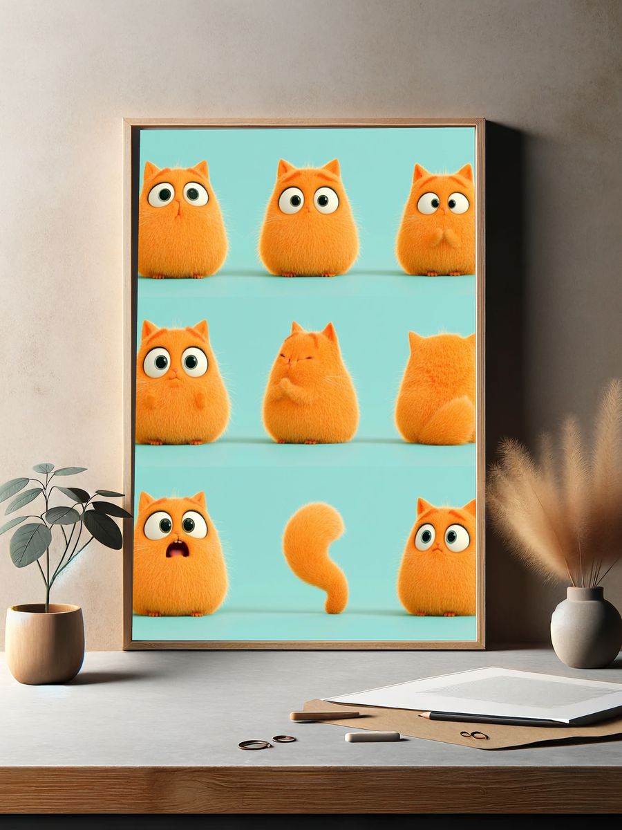 Orange Cat Expressions Illustration Poster. — room view 2