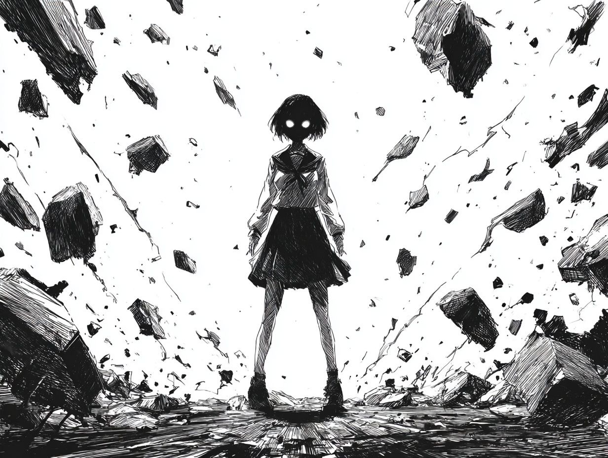 Anime Girl in Ruins Ink Poster. poster detail