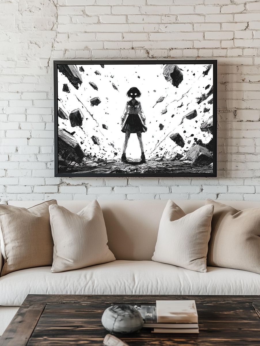 Anime Girl in Ruins Ink Poster room preview